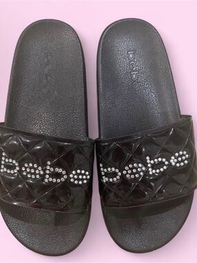 bebe Black Quilted Crystal Logo Slide Sandals